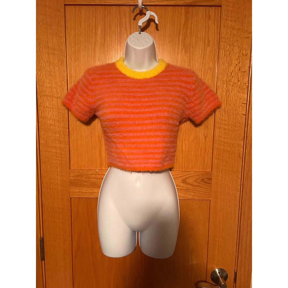 The Ragged Priest Striped Fuzzy Knit Crop Top Orange Pink Yellow Size Large
